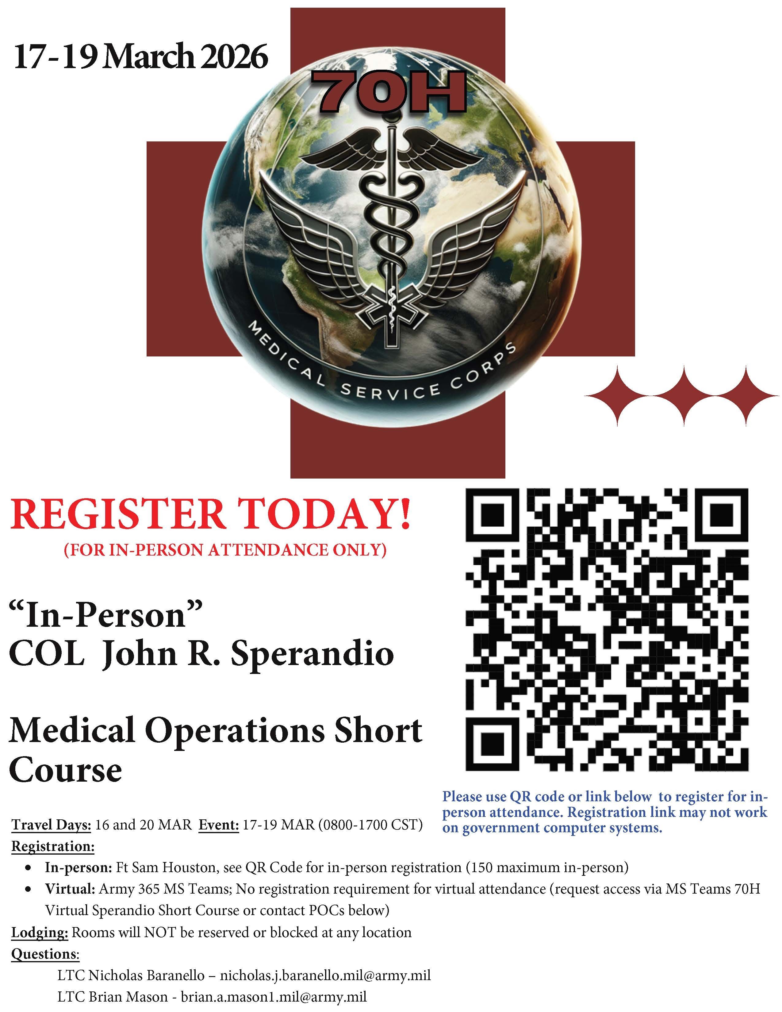 2026 70H Sperandio Medical Operations Short Course Registration - In-Person Attendance Only